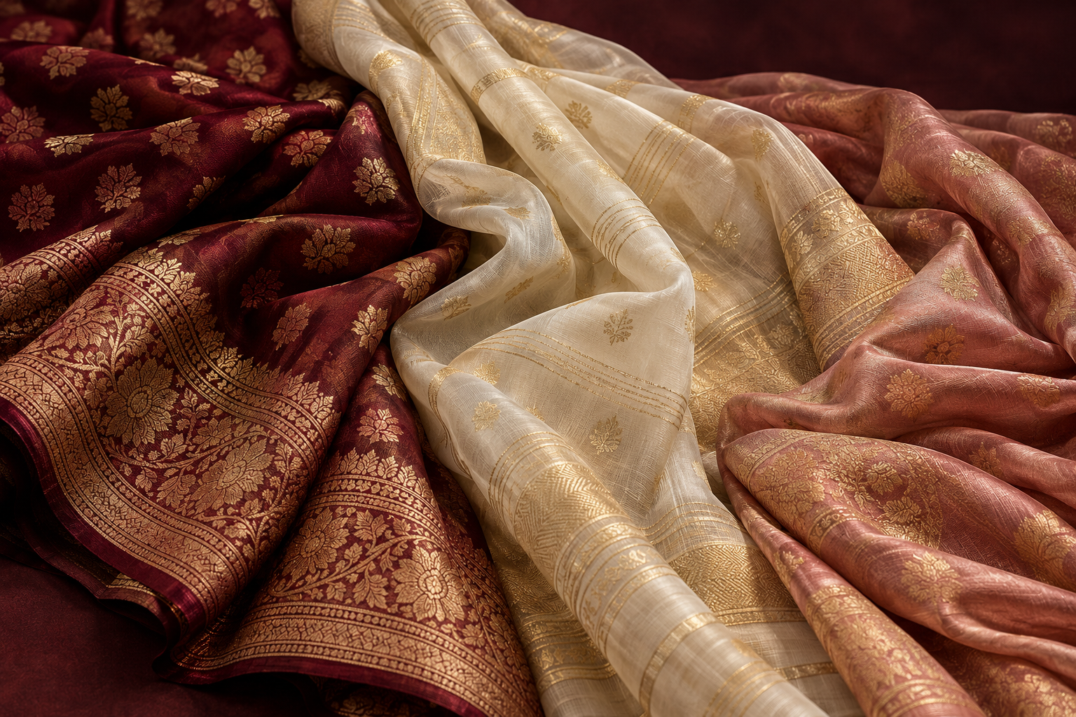 Illustrative arrangement of sarees in rich jewel tones and elegant folds